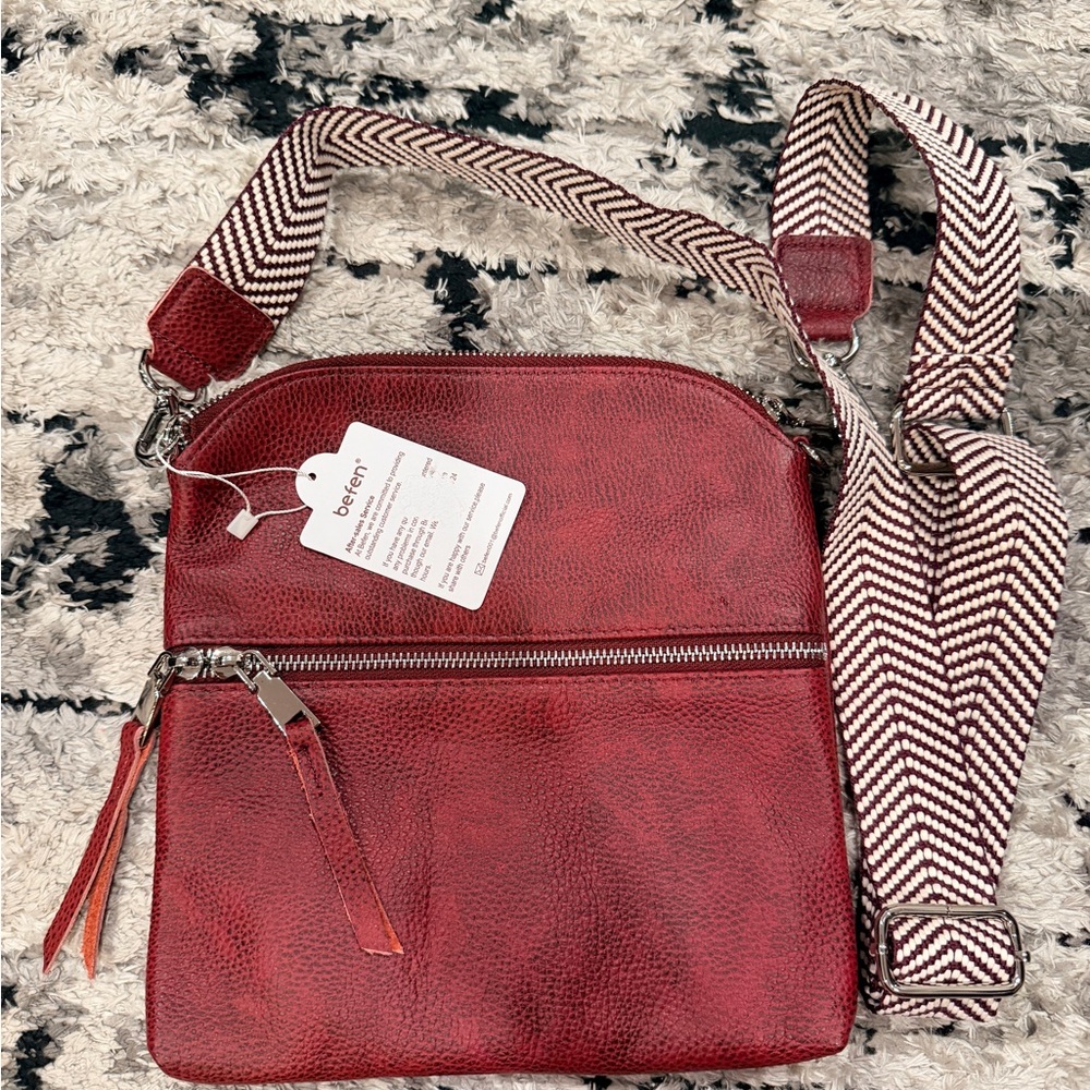 Beleen Red Leather Crossbody Bag with Patterned Strap